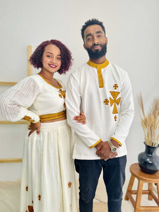 Beautiful Golden Cross Design Habesha Couples Outfit 