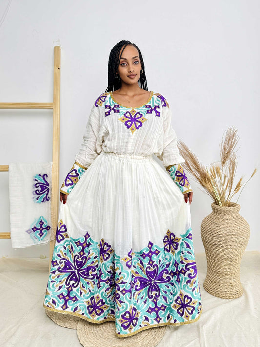 Full Embroidery Colorful Wedding Habesha Dress Design